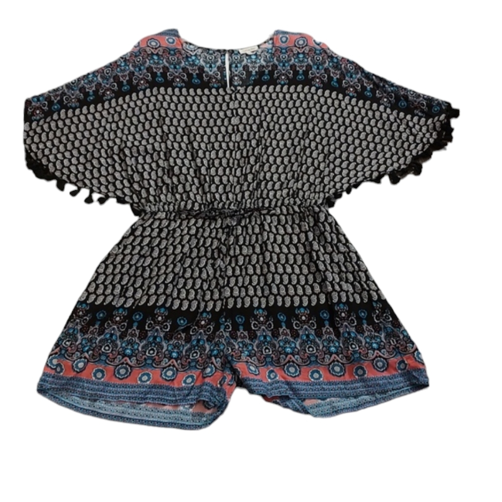 Boho Cotton Bleu Shorts Jumper w/ Tassels on Flowy Sleeves sz Large